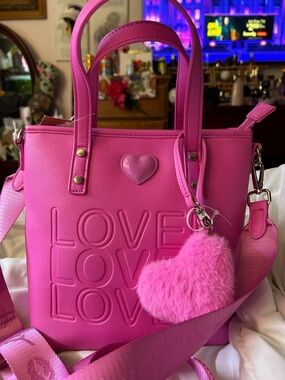 Betsey Johnson Hot Pink LOVE Embossed Tote with Heart Charm
